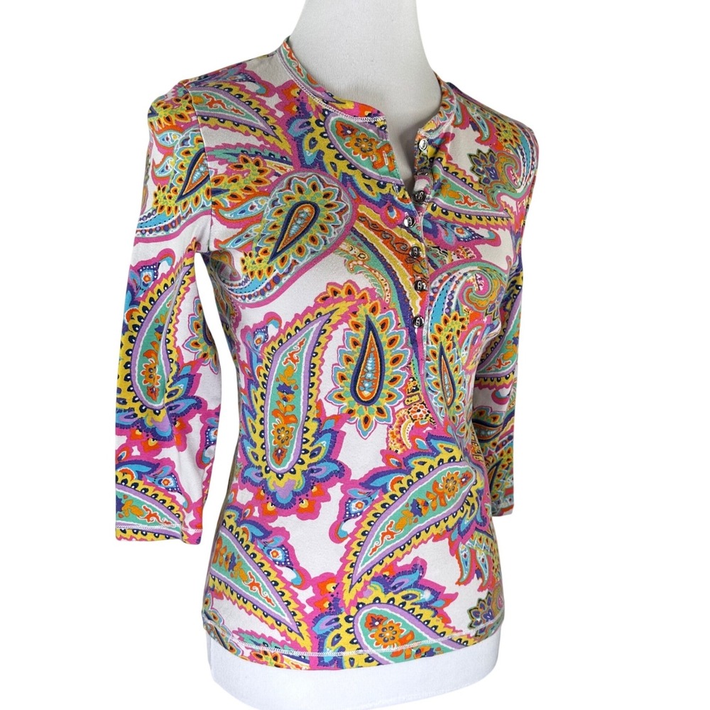 Lauren Ralph Lauren Paisley Henley Top Womens Medium Multi Color 3/4 Sleeve LRL